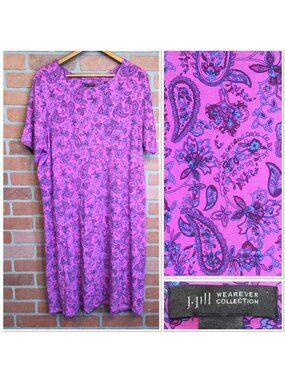 J Jill Wearever Purple Paisley T Shirt Dress Short Sleeve Size 2X Comfy Casual